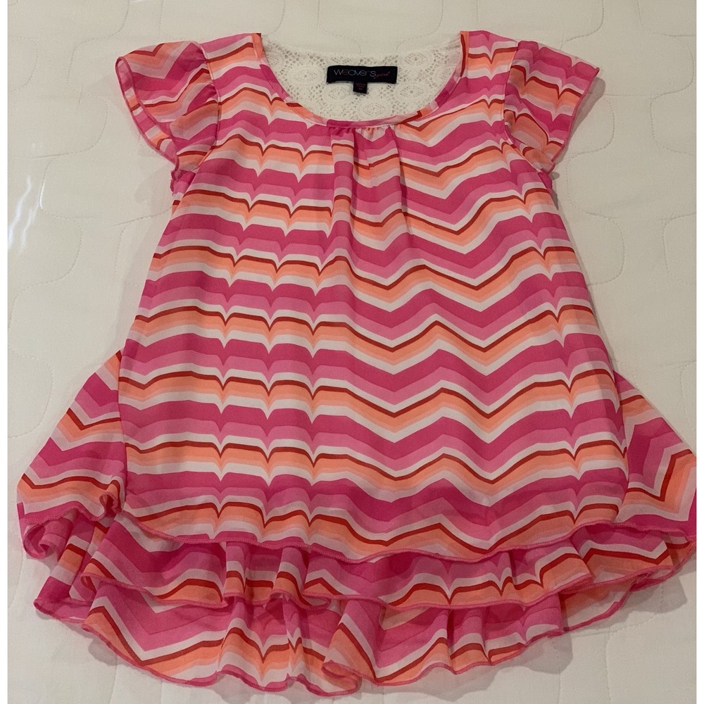 Weavers Girl Pink Orange Chevron Lace Back Ruffle Hem Tunic Top Girls Medium